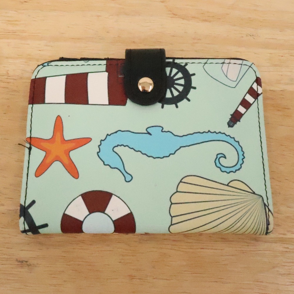 Nautical Beach Bifold Wallet Womens Blue Seahorse Starfish Shell Faux Leather
